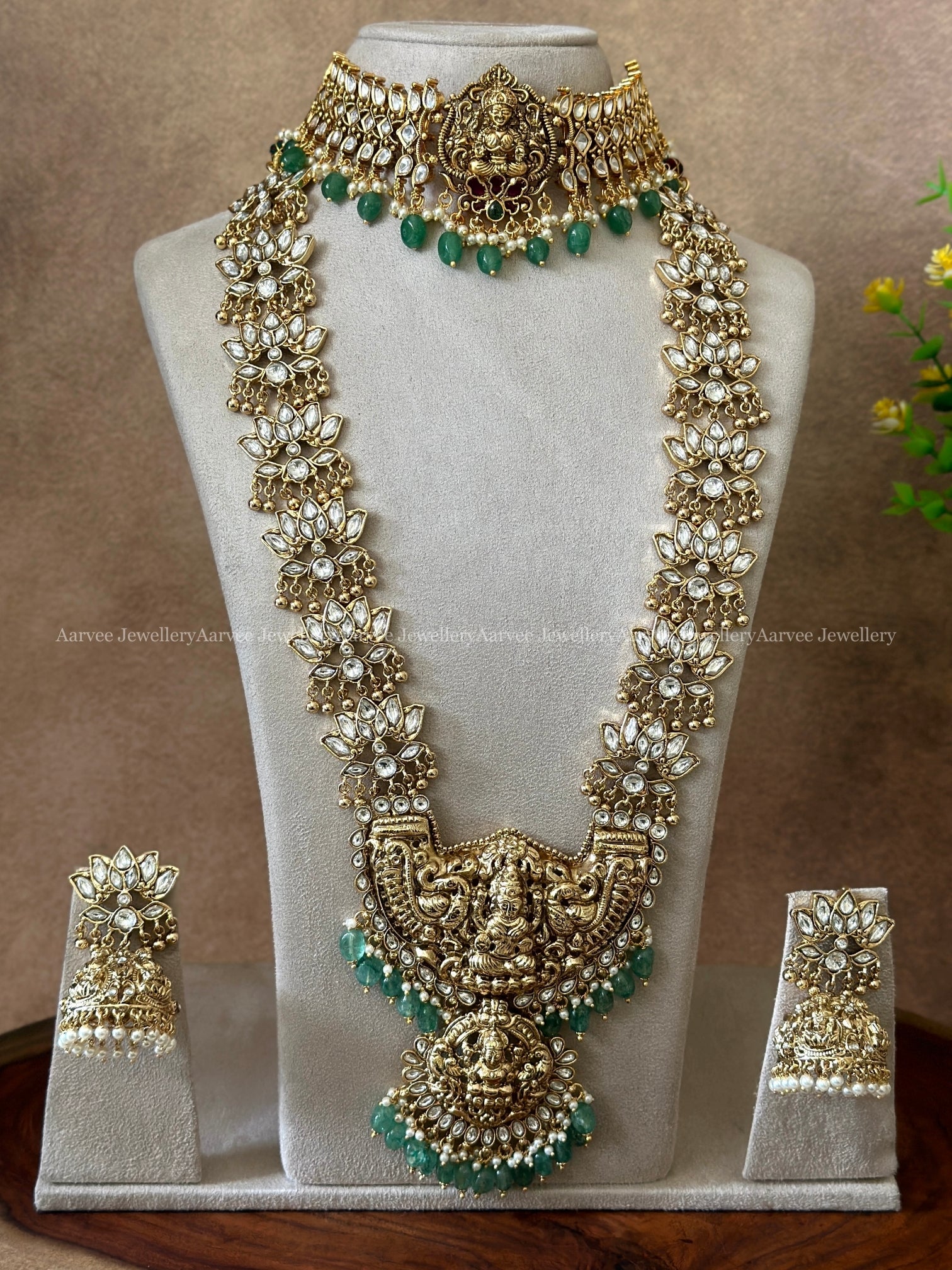 TEMPLE JEWELLERY | PREMIUM WHITE KUNDAN STONES LAKSHMI CHOKER WITH LOTUS HARAM SET WITH PASTEL BEADS