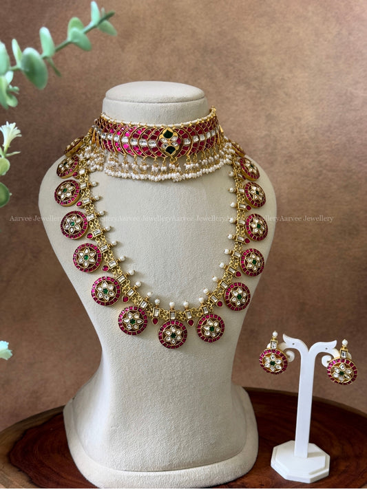 JADAU KUNDAN SEMI BRIDAL -PINK STONE HALF MOON CHOKER WITH BOTTU MALA MID LENGTH NECKLACE SET
