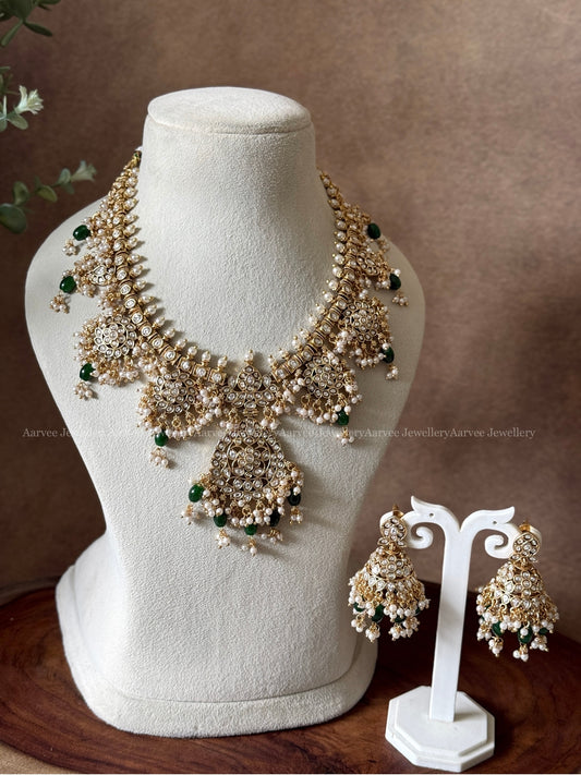 KUNDAN WHITE STONE FLORAL GUTTA PUSALU NECKLACE SET WITH PEARL & GREEN BEADS