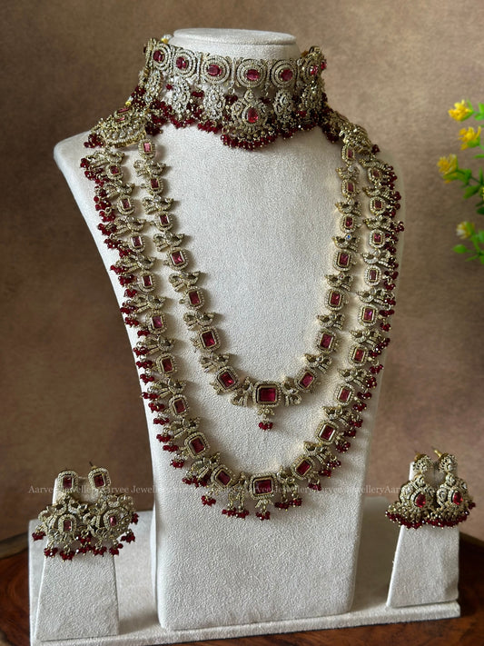 VICTORIAN SEMI BRIDAL SET | CHOKER & HARAM SET WITH DARK RUBY STONES & MAROON BEADS