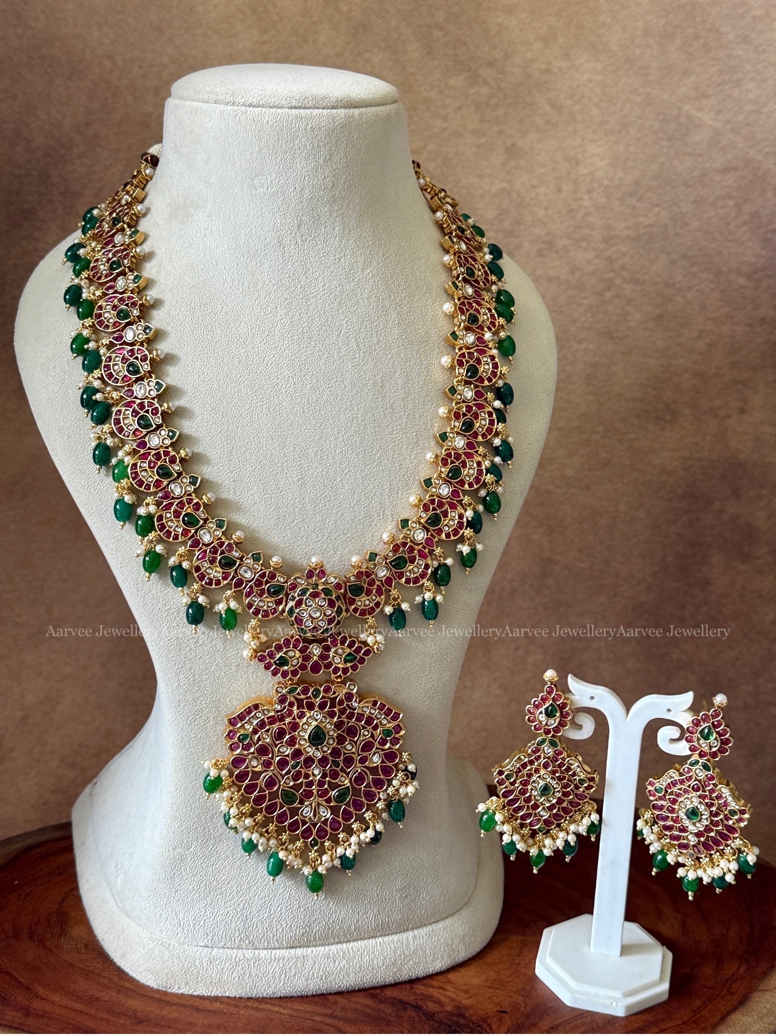 KEMP RUBY STONE MID LENGTH HARAM SET WITH GREEN BEADS