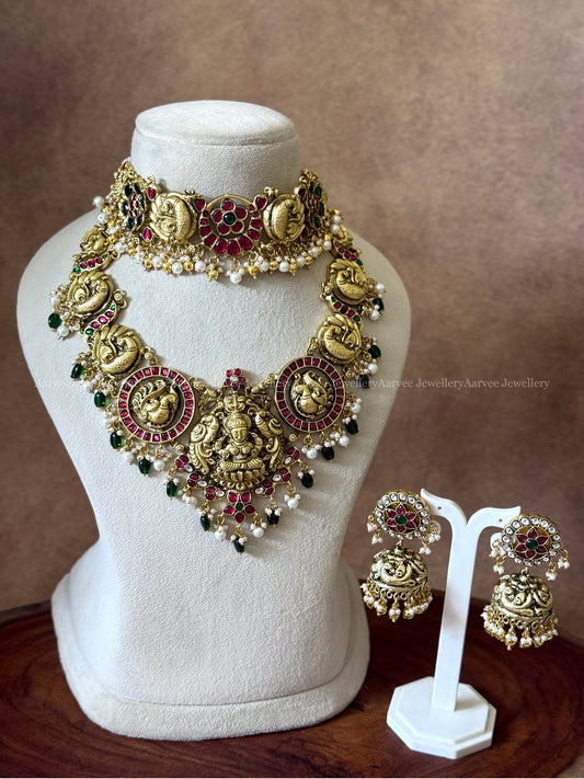 COMBO - JADAU KUNDAN FLORAL ANNAM CHOKER AND NAGAS NECKLACE WITH GREEN BEADS AND BUTTA JHUMKI