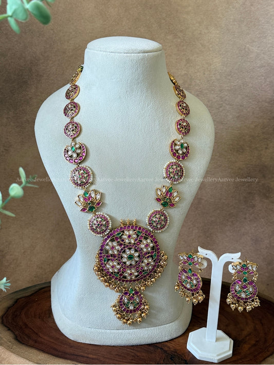 KUNDAN LOTUS & FLORAL FUSION HARAM SET WITH GOLD BEADS