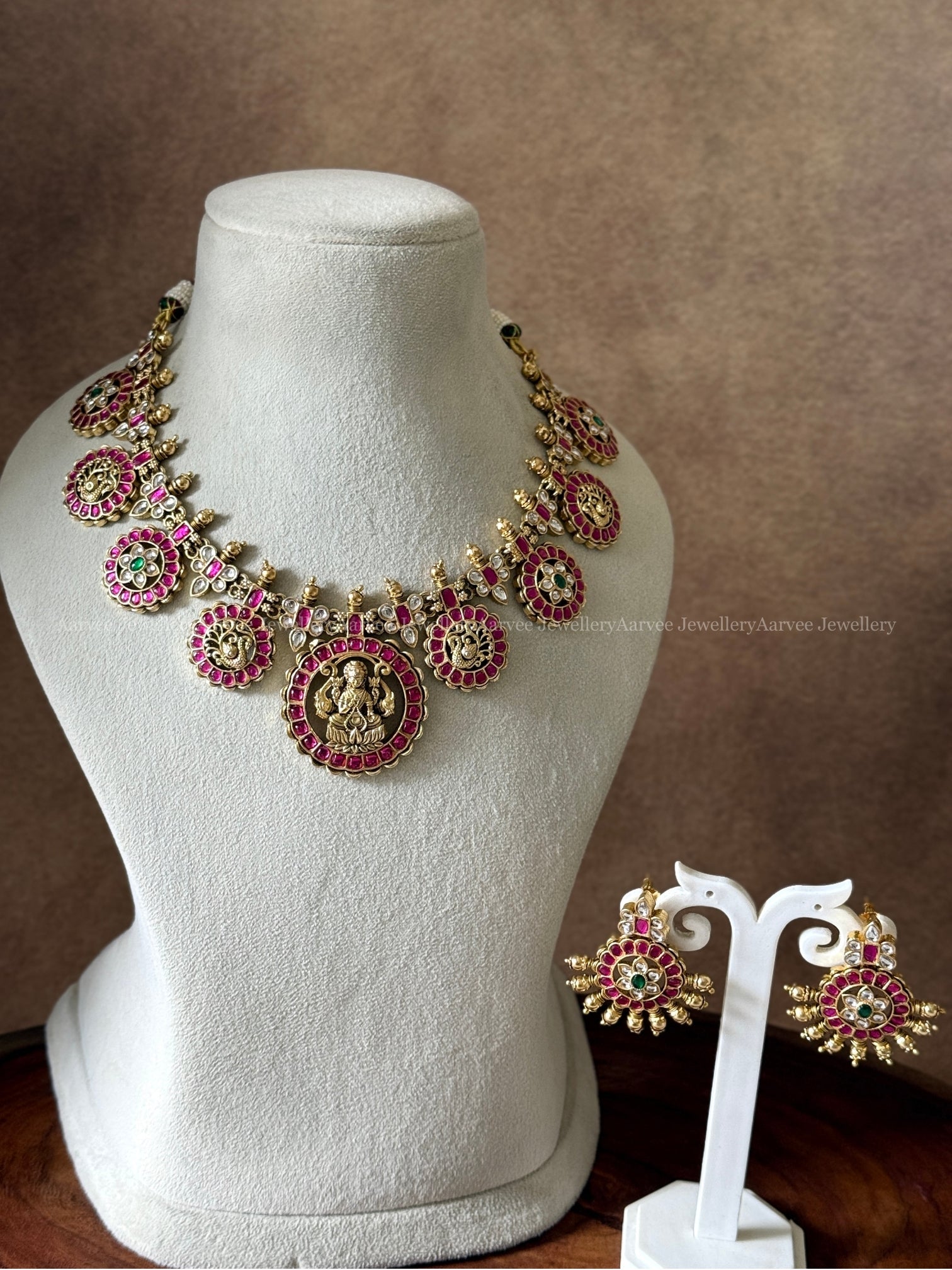 PREMIUM PINK KUNDAN STONES BOTTU MALA NECKLACE SET 
