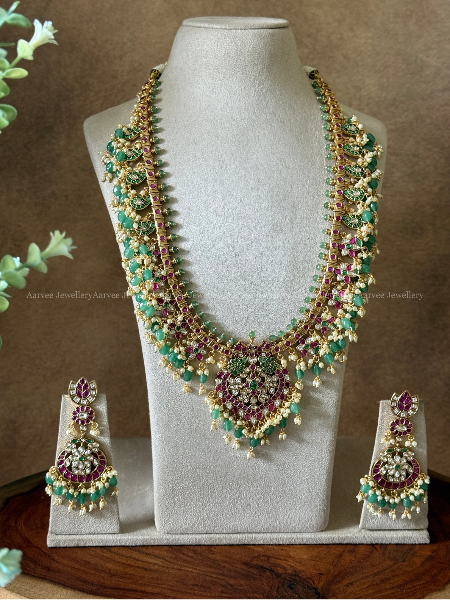 PREMIUM KUNDAN STONES PEACOCK & FLORAL MOTIF GUTTA PUSALU HARAM SET WITH PASTEL BEADS