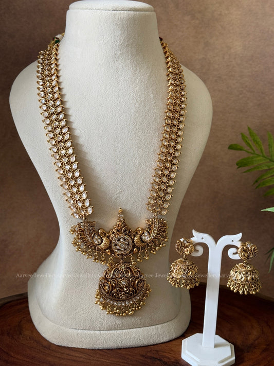 KUNDAN WHITE STONES HARAM SET WITH PEACOCK PENDANT & GOLD BEADS