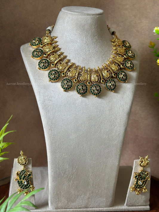 GREEN STONES BUTTA NECKLACE SET WITH PEACOCK DESIGN