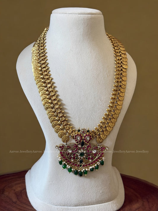 JADAU KUNDAN GOLD COIN MID-LENGTH CHAIN WITH MANGO MOTIF PENDANT & GREEN BEADS