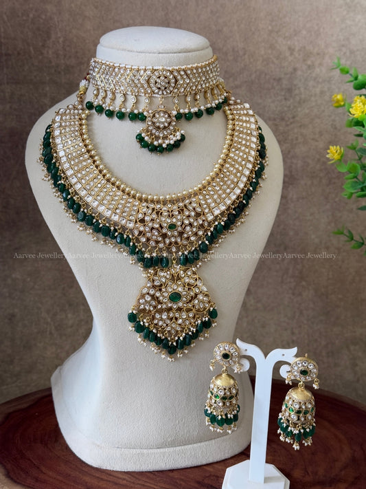 LUXE JADAU BRIDAL JEWELLERY — ADITI CHOKER, STATEMENT NECKLACE & JHUMKI COMBO SET IN WHITE STONES & DARK GREEN BEADS