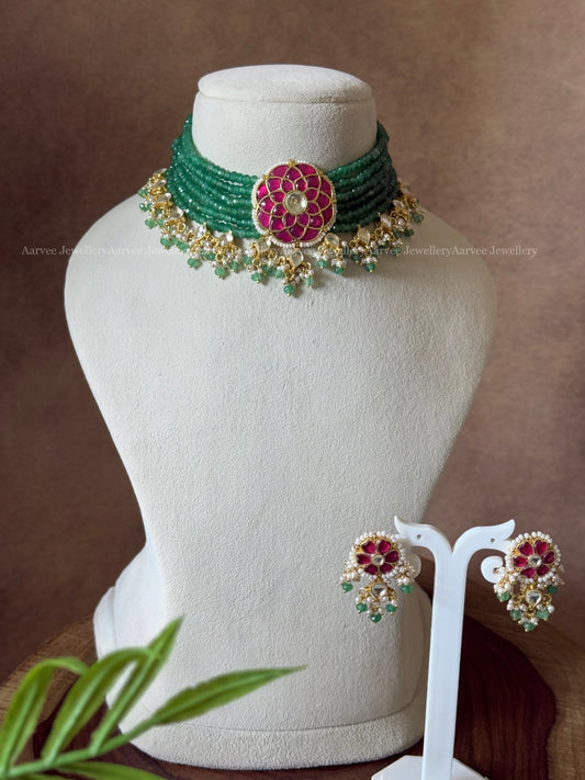 POLKI KUNDAN PASTEL BEADED CHOKER SET WITH FLORAL PENDANT | RUBY STONES & PASTEL BEADS