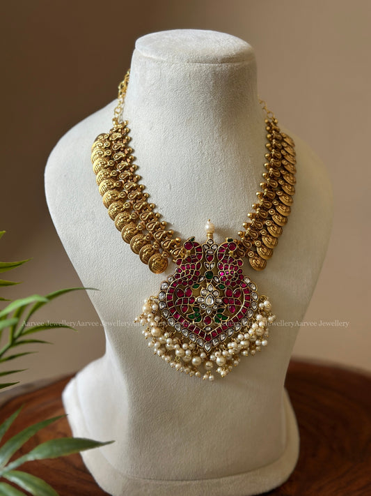 JADAU KUNDAN GOLD COIN SHORT NECKLACE WITH PEACOCK PENDANT & PEARL BEADS