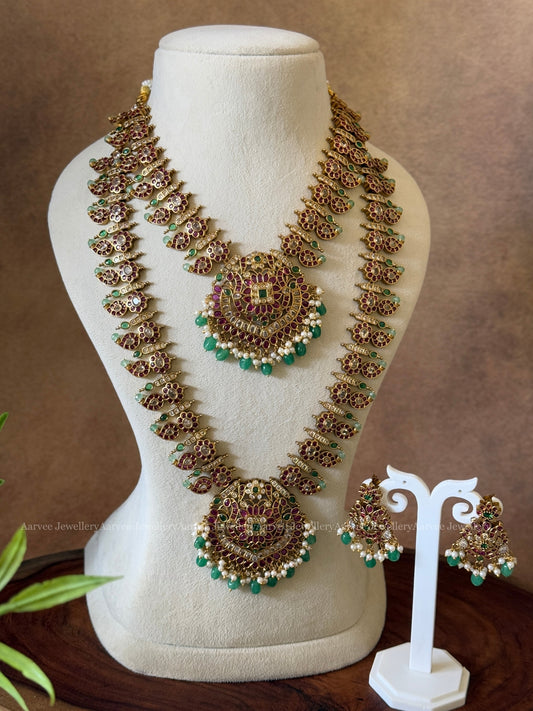 KEMP SEMI BRIDAL JEWELLERY SET WITH PEACOCK PENDANT WITH RUBY STONES & PASTEL BEADS