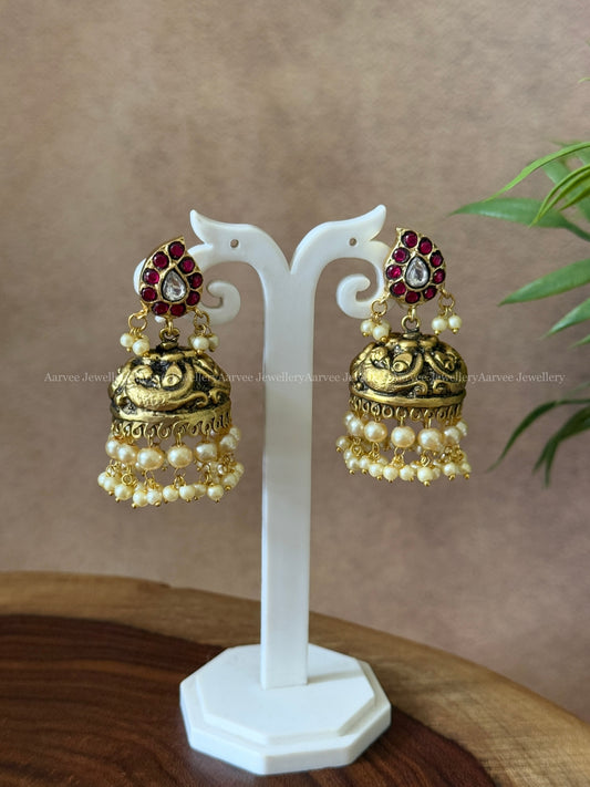 JADAU KUNDAN MANGO JHUMKI WITH PEARL BEADS