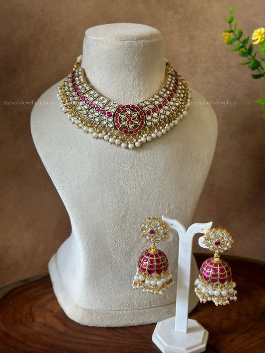 JADAU KUNDAN PINK & WHITE STONE BUTTA NECKLACE WITH LOTUS JHUMKI AND PEARL BEADS