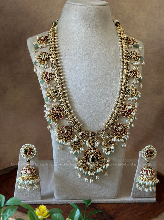 GUTTA PUSALU RUBY / GREEN STONE HARAM SET WITH MIX OF PASTEL AND PEARL BEADS | NITA AMBANI INSPIRED