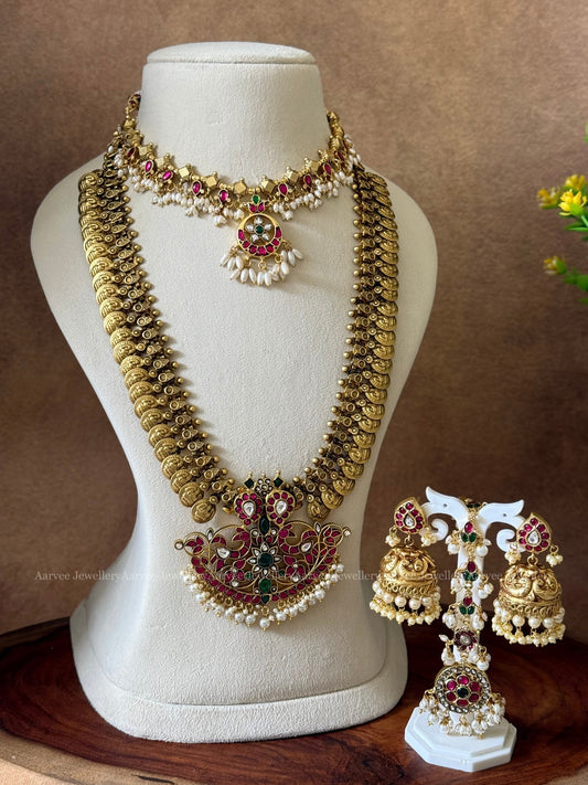 COMBO : GOLD BALL BEAD NECKLACE WITH RICE PEARLS, COIN MIDLENGTH CHAIN WITH MANGO PENDANT, TIKKA & JHUMKI
