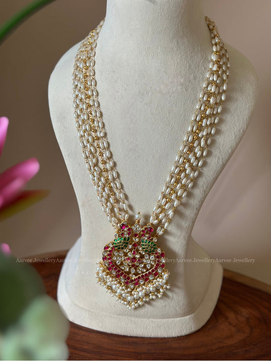 JADAU KUNDAN RICE PEARLS LAYERED LONG CHAIN WITH PEACOCK PENDENT