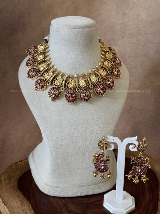 GOLD TONE BUTTA ANNAM NECKLACE SET WITH NAVY RUBY STONES