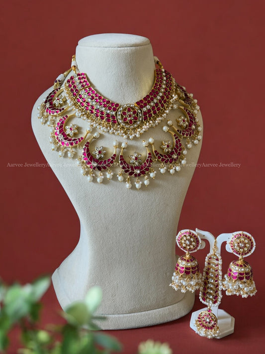 EXQUISITE JADAU KUNDAN SEMI BRIDAL STATEMENT JEWELLERY SET WITH PINK STONES & PEARL BEADS