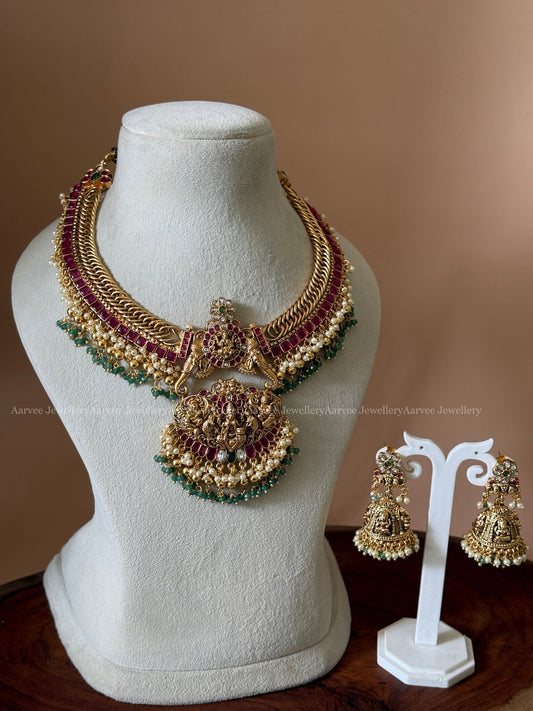 JALEBI NECKLACE SET WITH LAKSHMI MOTIF DETACHABLE PENDANT — RUBY STONES & PASTEL BEADS