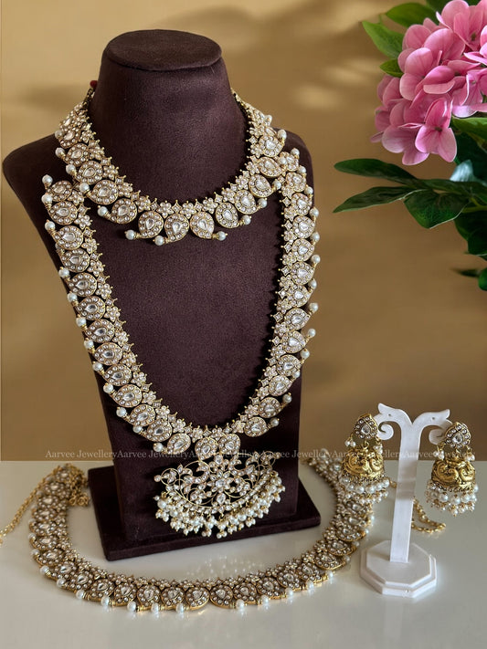 BRIDAL JEWELLERY - JADAU KUNDAN WHITE STONES MANGO MOTIF NECKLACE, HARAM , WAIST CHAIN AND JHUMKI WITH PEARLS