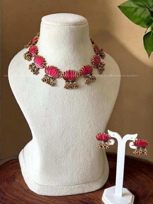 LOTUS NECKLACE SET IN PINK COLOR AND GOLD BEADS