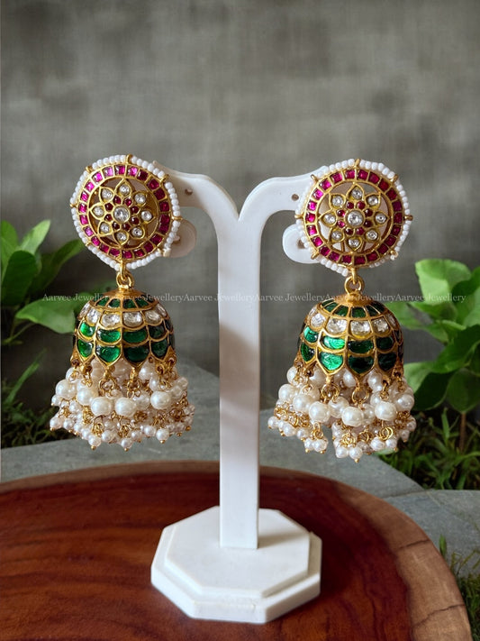 JADAU KUNDAN ADITI BUTTA JHUMKI WITH RUBY / GREEN STONES AND PEARLS