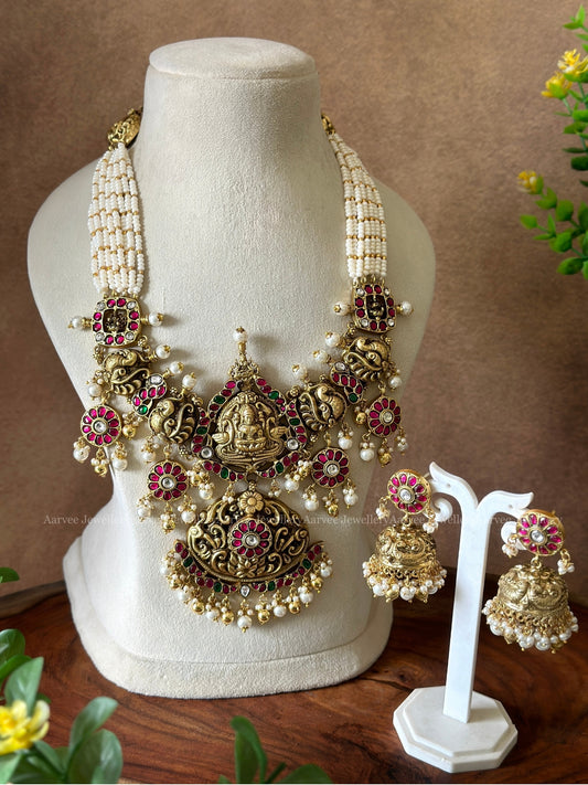 JADAU KUNDAN PEARL LAYERED MID-LENGTH SET WITH LAKSHMI PENDANT IN ANTIQUE GOLD