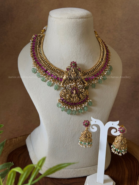 ANTIQUE JALEBI NECKLACE WITH DETACHABLE LAXMI PENDANT & WITH PASTEL BEADS