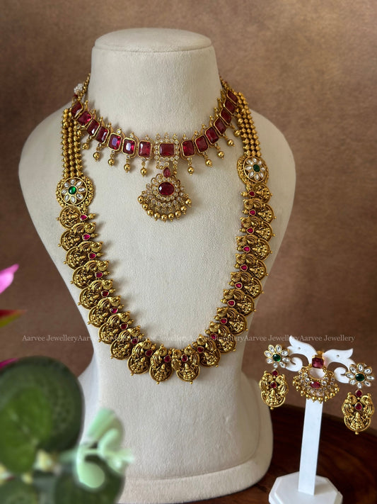 COMBO - CZ RUBY STONE NECKLACE SET WITH NAKSHI COIN MID LENGTH HARAM SET
