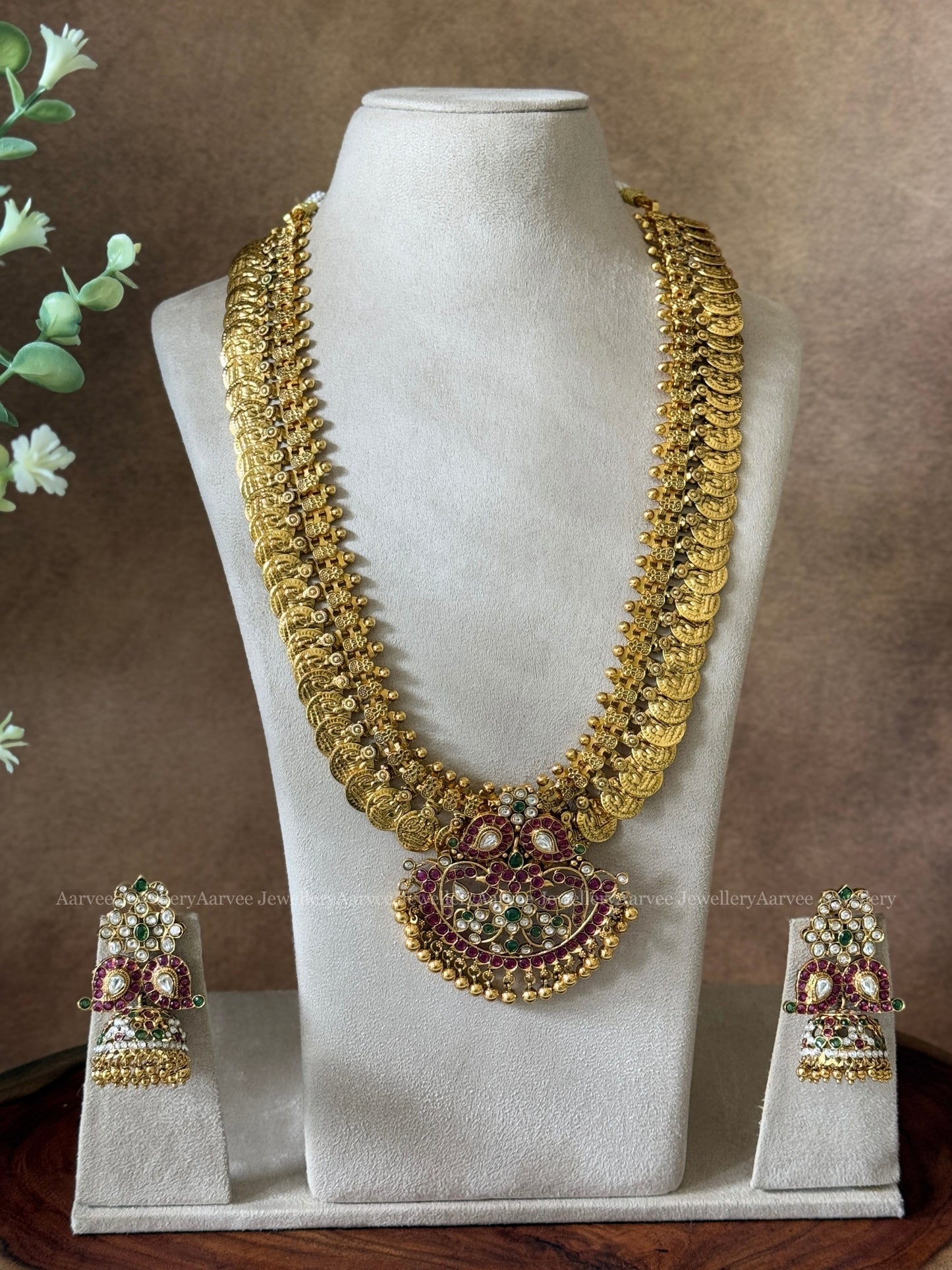 GOLD FINISH COIN MID LENGTH  HARAM SET WITH MANGO KEMP STONES PENDANT IN GOLD BEADS