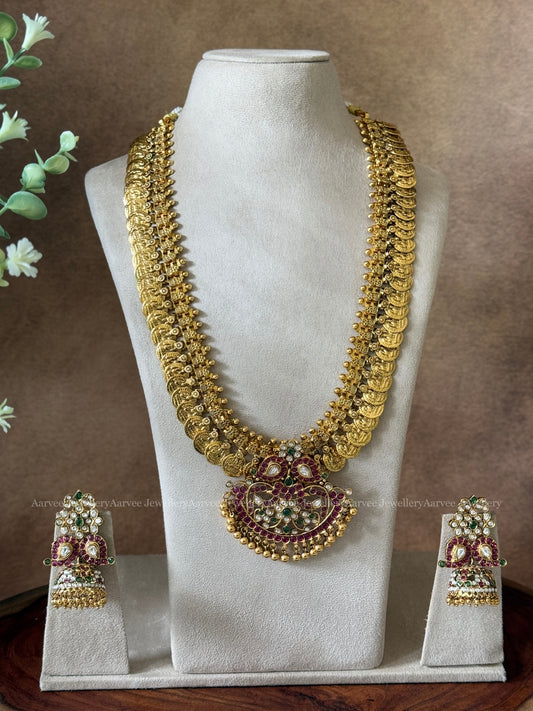 GOLD FINISH COIN MID LENGTH  HARAM SET WITH MANGO KEMP STONES PENDANT IN GOLD BEADS