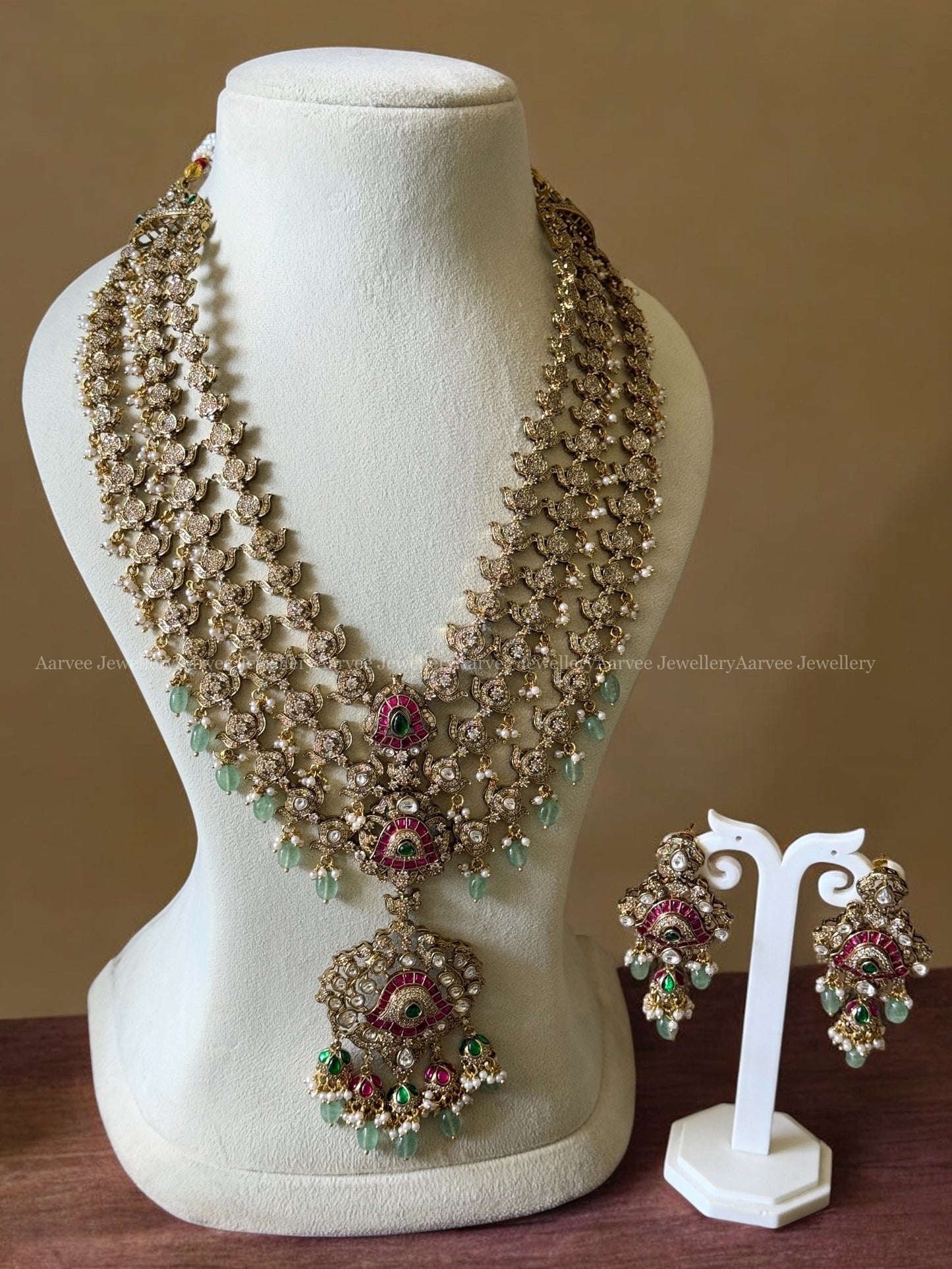 VICTORIAN LAYERED HARAM SET WITH WHITE STONES & PASTEL BEADS