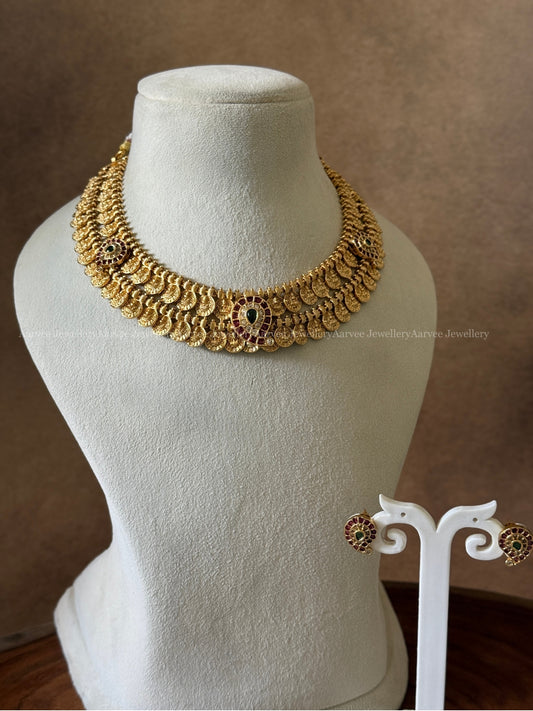 TWO LAYER COIN NECKALCE SET WITH MANGO PENDANT & RUBY STONES