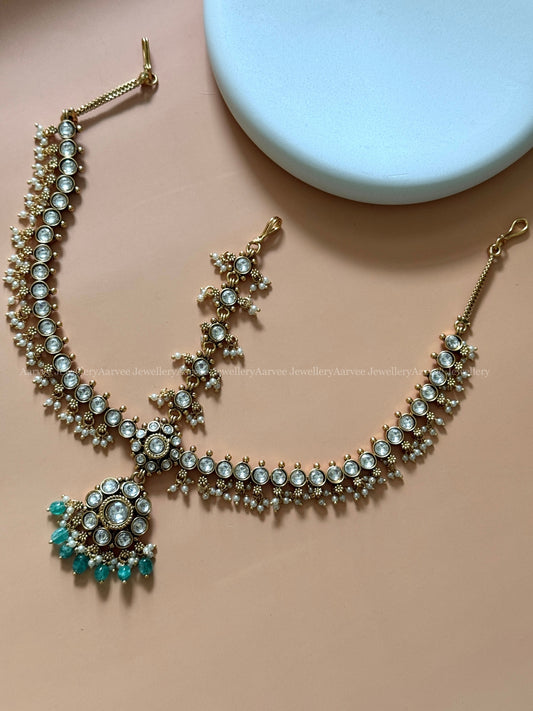 KUNDAN WHITE STONE MATHAPATHI WITH PASTEL BEADS