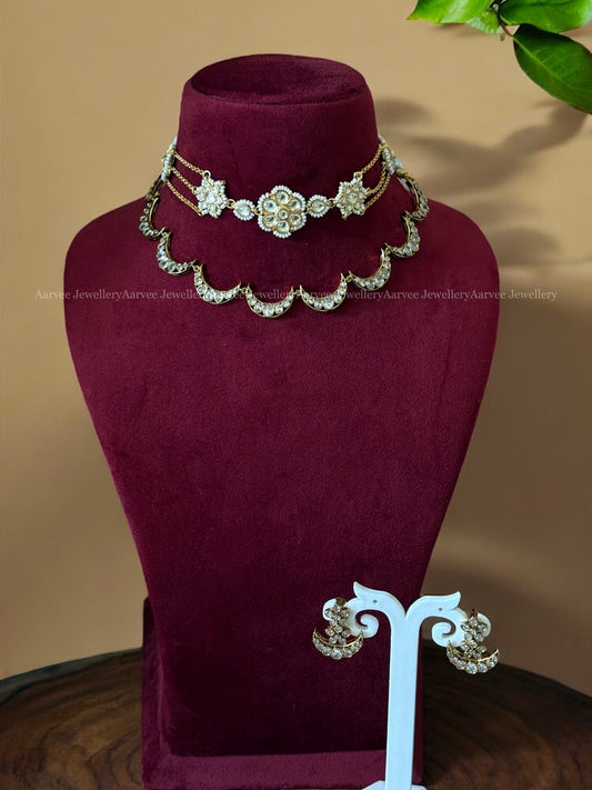 COMBO — WHITE STONES KUNDAN GOLD CHAIN FLORAL CHOKER STYLED WITH MOON / CHAND DESIGN MINIMAL NECKLACE SET