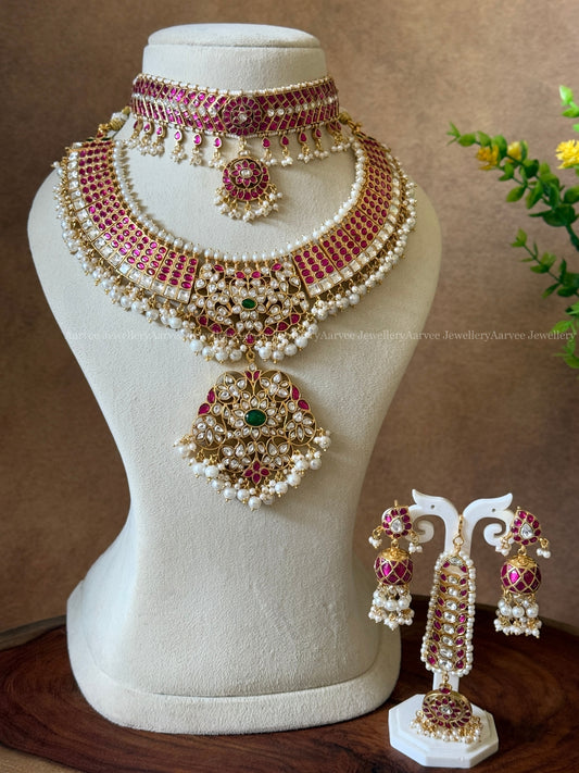 A LUXE JADAU KUNDAN SEMI-BRIDAL JEWELLERY SET | ADITI INSPIRED CHOKER, STATEMENT BRIDAL NECKLACE, MANGO MOTIF JHUMKI & FLORAL TIKKA IN RUBY STONES & PEARLS