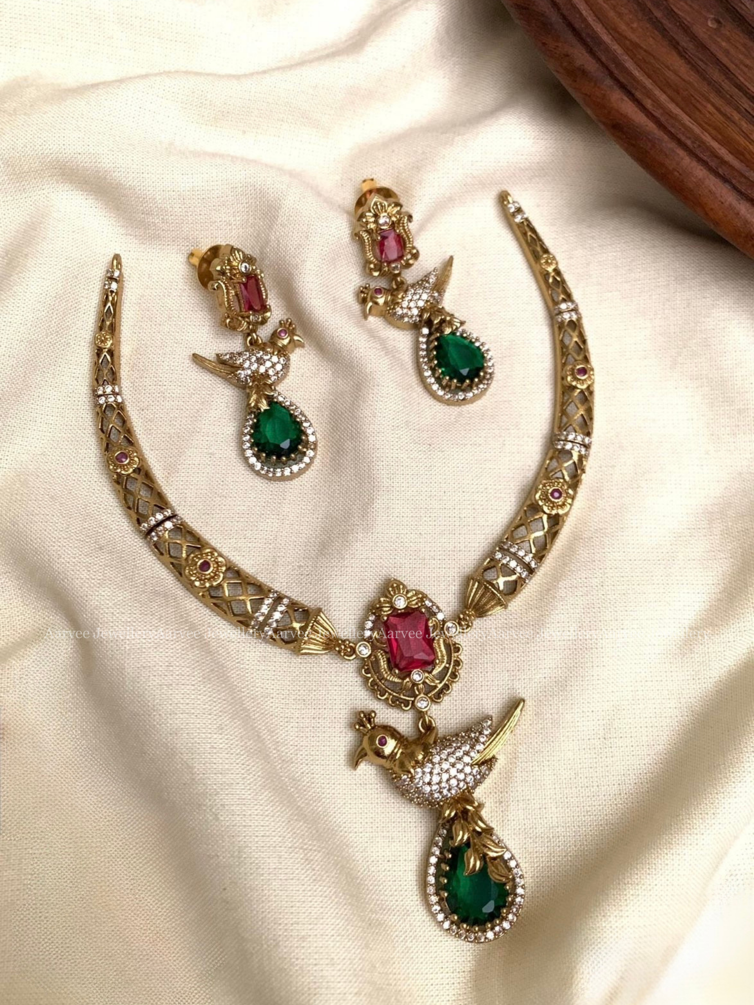 KANTI CZ RUBY / GREEN STONES NECKLACE SET WITH PEACOCK PENDANT
