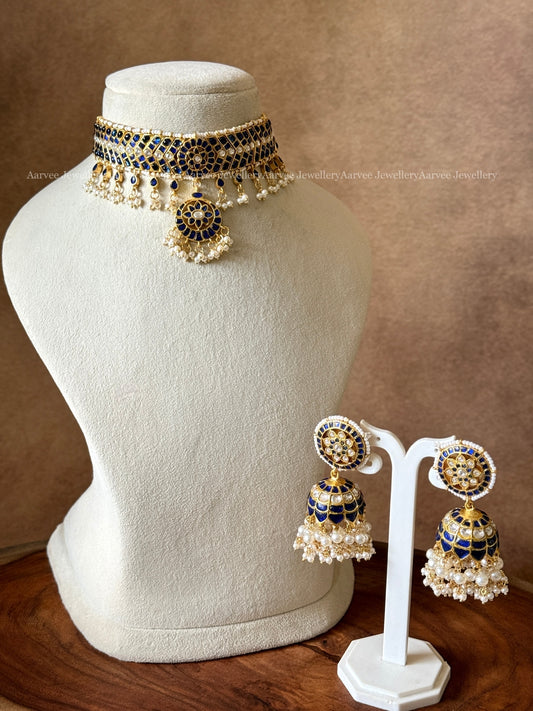 JADAU KUNDAN ADITI CHOKER WITH BUTTA JHUMKI WITH BLUE STONES & PEARLS