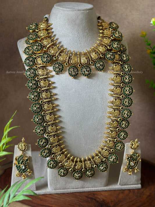 SEMI BRIDAL GOLD TONE BUTTA NECKLACE & HARAM SET WITH GREEN STONES
