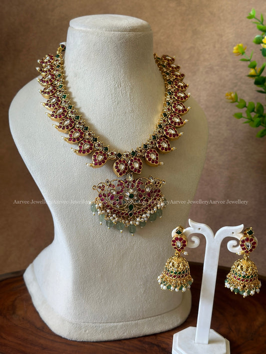 KEMP MANGO MOTIF NECKLACE SET WITH RUBY STONES & PASTEL BEADS