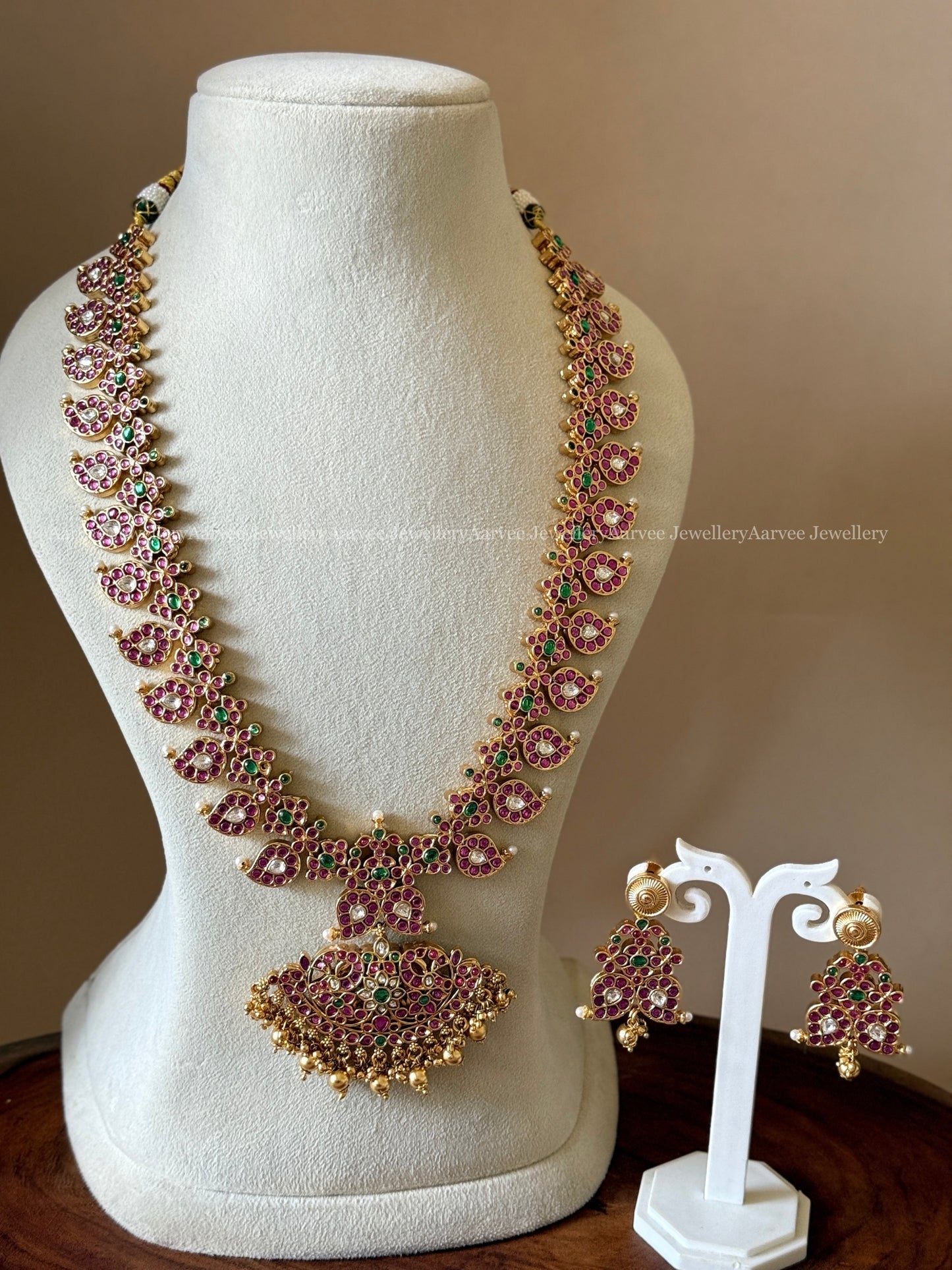 PREMIUM KEMP PINK / WHITE STONES 2 IN 1 REVERSIBLE HARAM SET WITH GOLD BEADS