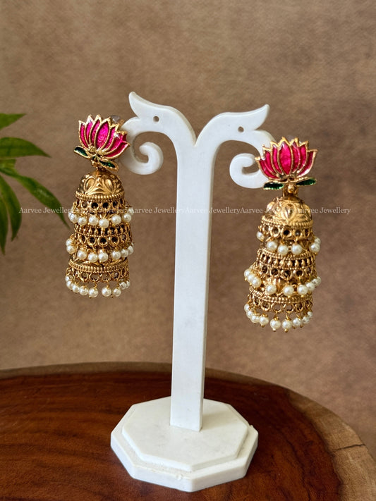 PINK COLOR LOTUS STUD WITH THREE LAYER JHUMKI