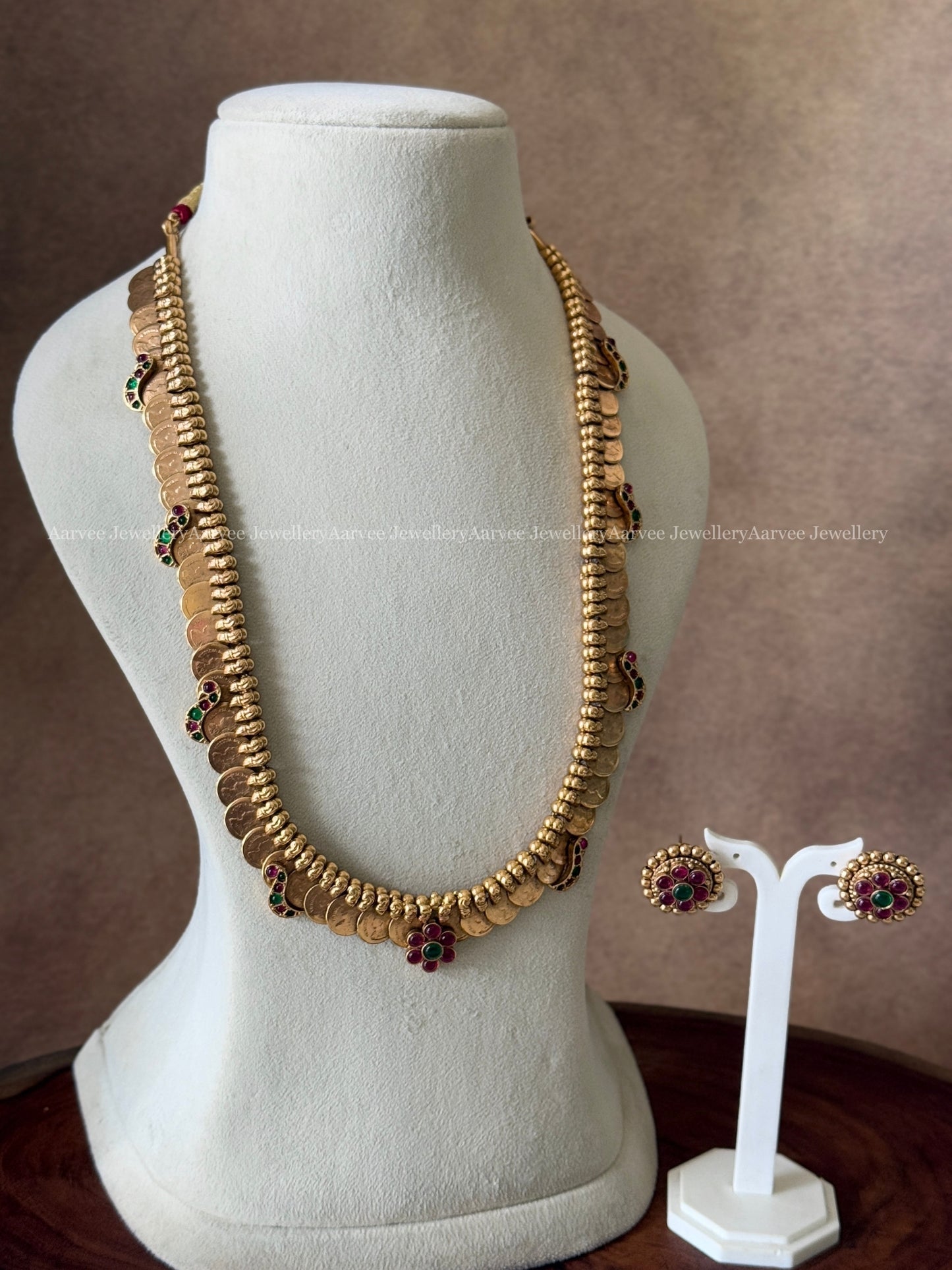 COIN MID LENGTH HARAM WITH KEMP STONES FLORAL PENDANTS