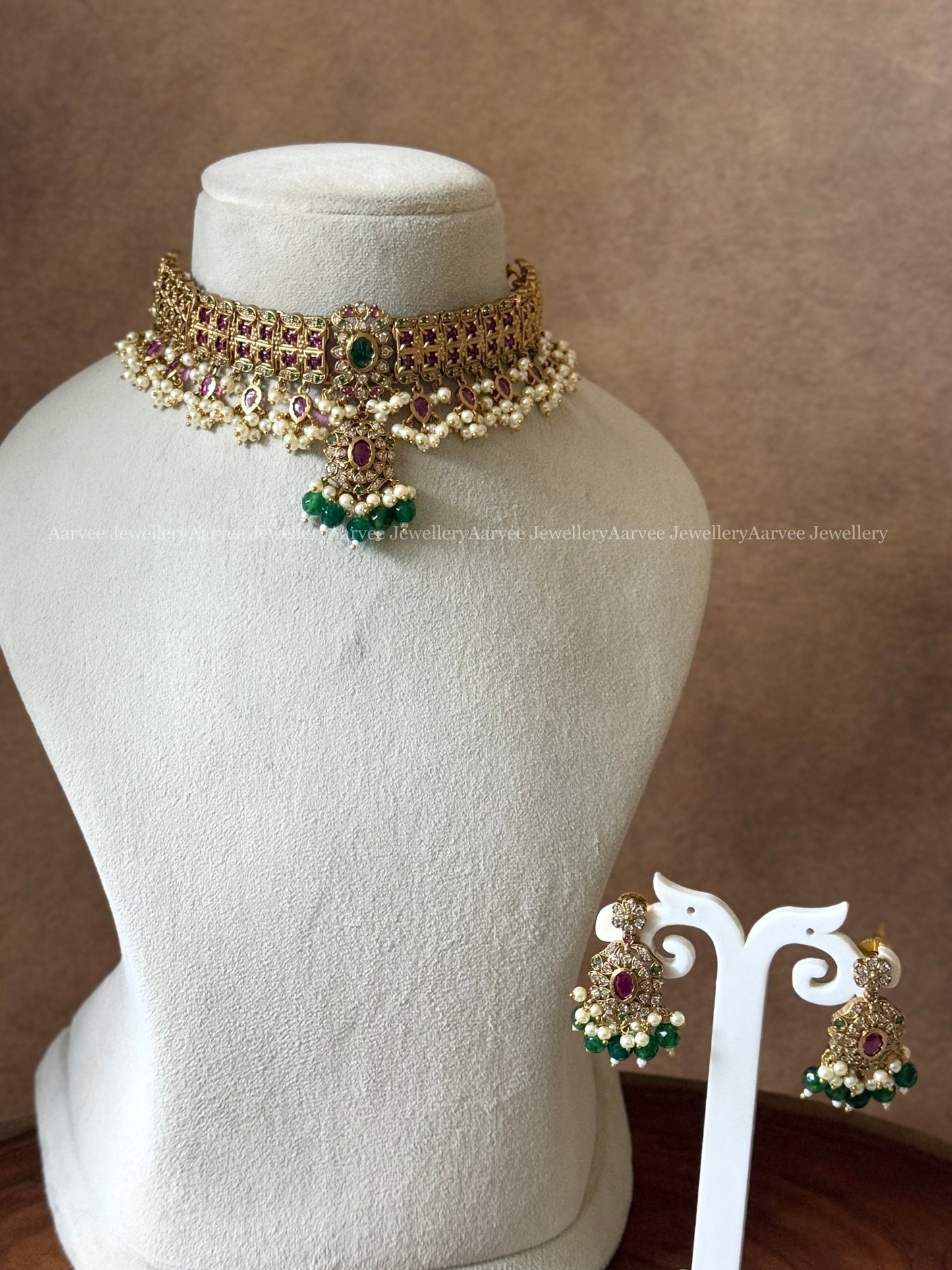 CZ MINI CHOKER SET WITH GREEN BEADS