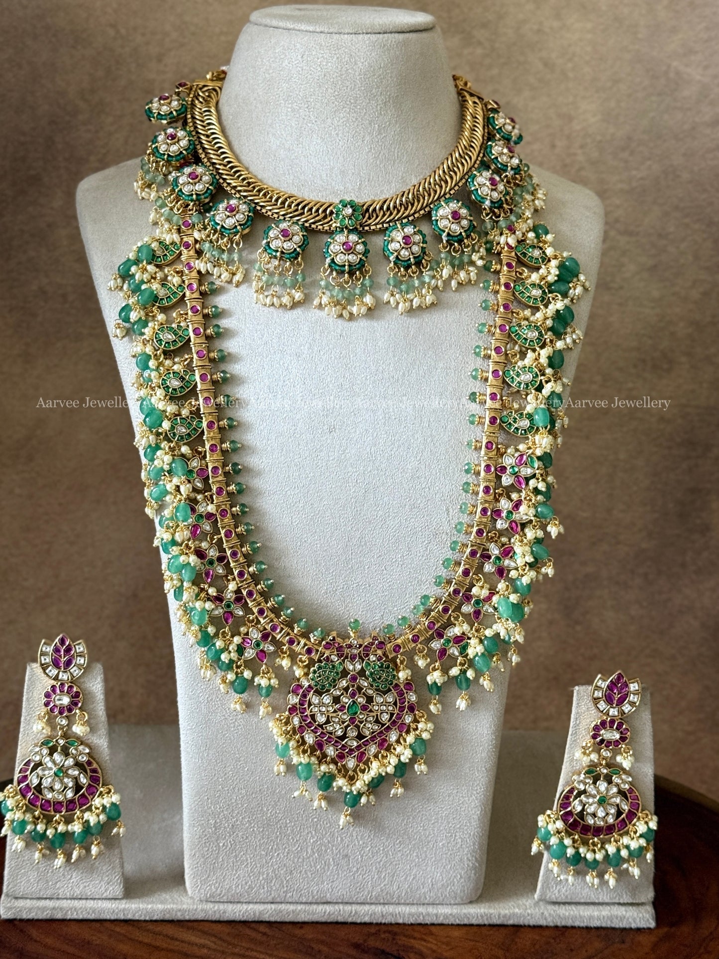 COMBO - JALEBI GREEN STONE FLORAL NECKLACE WITH FLORAL GUTTA PUSALU HARAM SET WITH PASTEL BEADS