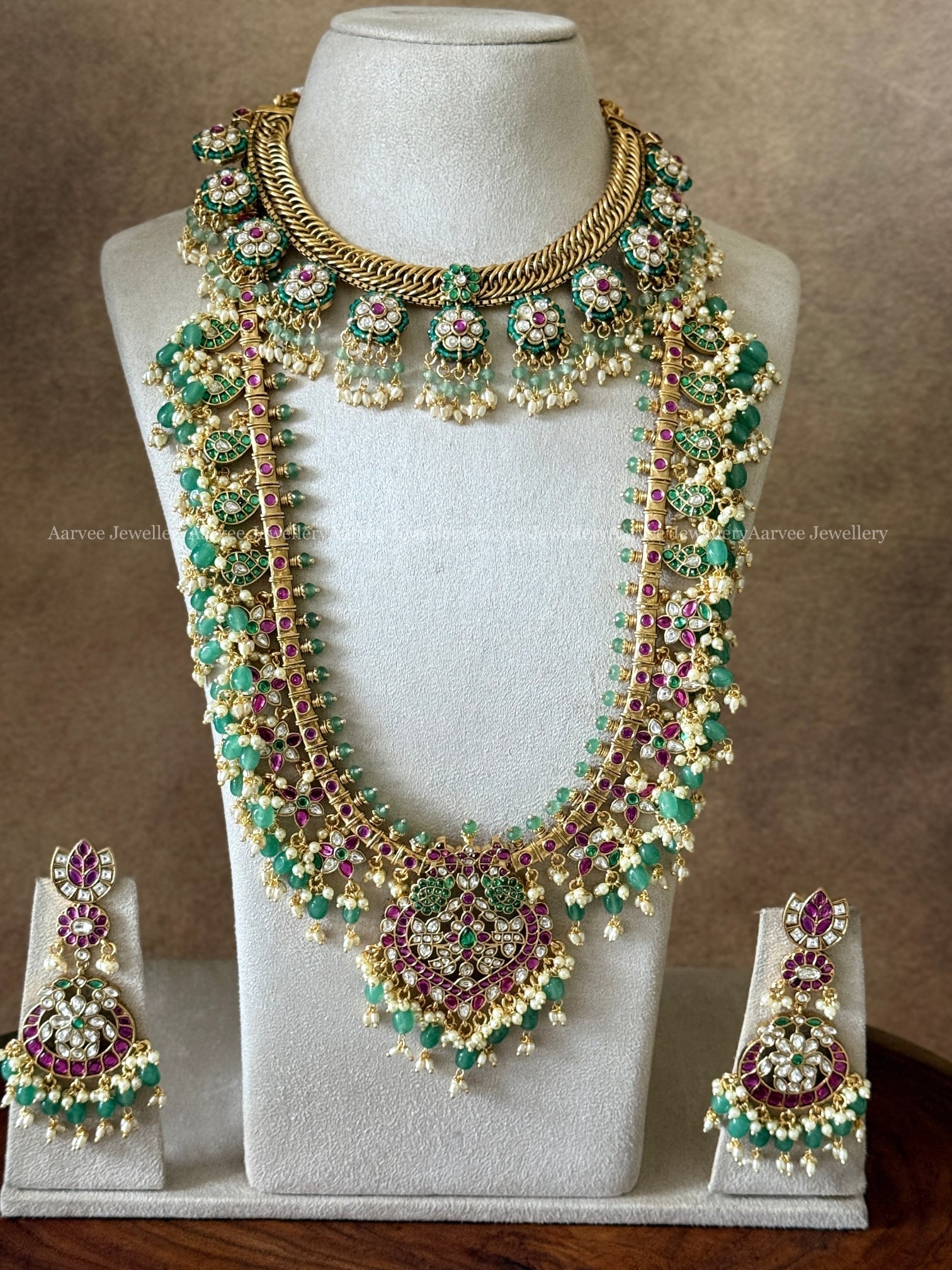 COMBO - JALEBI GREEN STONE FLORAL NECKLACE WITH FLORAL GUTTA PUSALU HARAM SET WITH PASTEL BEADS