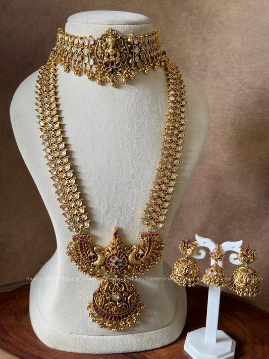 COMBO - ELEGANT WHITE STONE LAKSHMI CHOKER / WHITE STONE HARAM SET WITH PEACOCK PENDANT IN RUBY STONES & GOLD BEADS