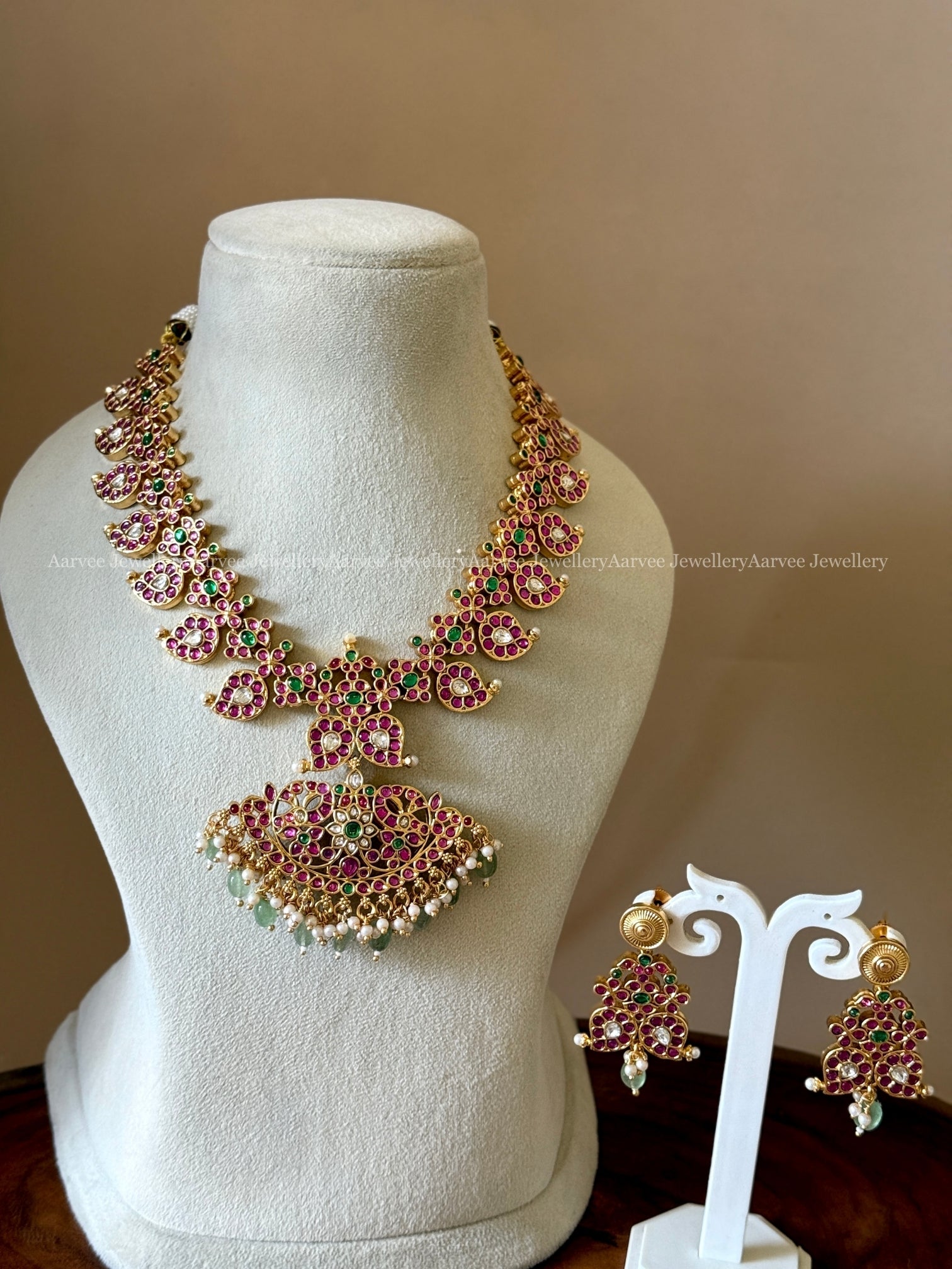 PREMIUM KEMP PINK / WHITE STONES 2 IN 1 REVERSIBLE NECKLACE SET WITH PASTEL BEADS