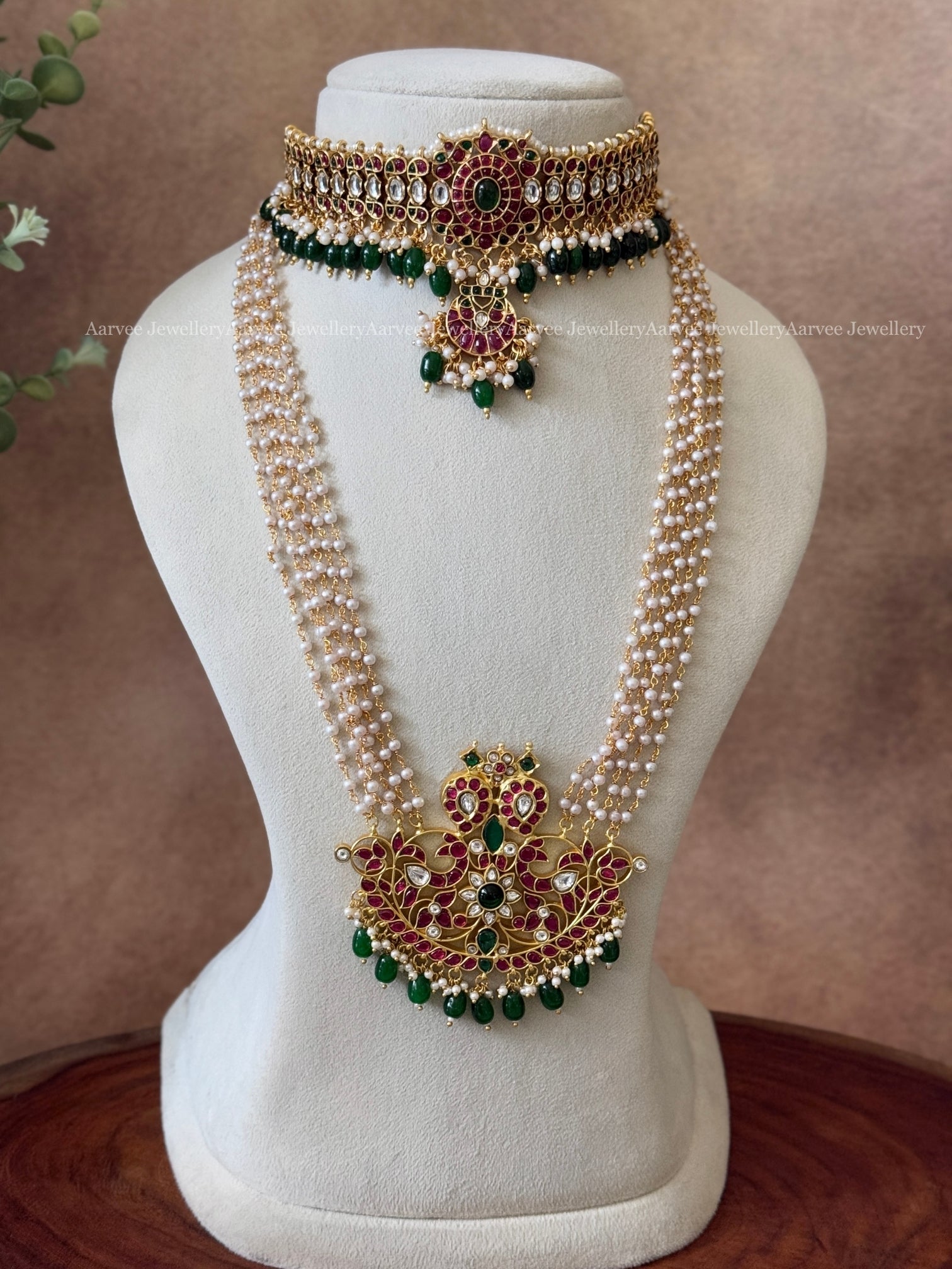 COMBO - KEMP SINGLE PENDANT CHOKER & PEARL CHAIN WITH JADAU KUNDAN MANGO PENDANT WITH GREEN BEADS